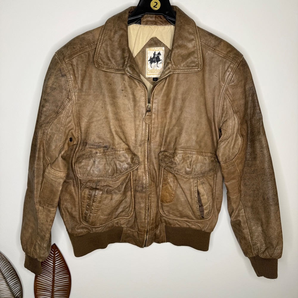 AA Vintage Saddlebred Leather Bike Brown Bomber Knife Pockets‎ Jacket